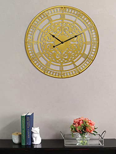 Image of CHRONIKLE Classic Round Golden Color Metal Case Analog Black Needle Roman Numbers Wall Clock for Living Room Home Decor Office Gifts (Size: 54 x 1 x 54 CM | Weight: 1380 Gram)