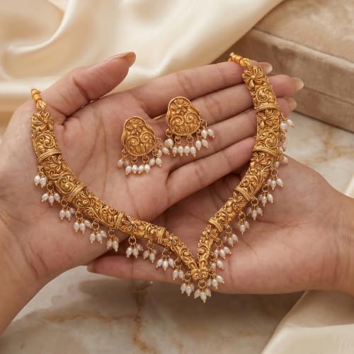Image of Gold-Plated Antique Temple Jewellery Set for Women - Traditional Necklace with Large Peacock Pendant & Matching Jhumka Earrings | Ethnic Festive & Bridal Wear Set with Ruby & Emerald Accents