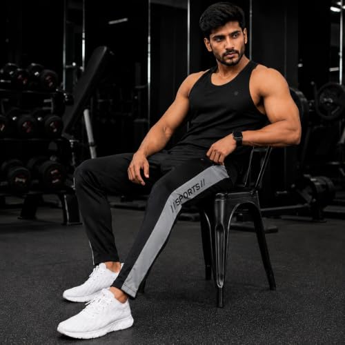 Image of Men's Black Sports Track Pants with Grey Side Panel