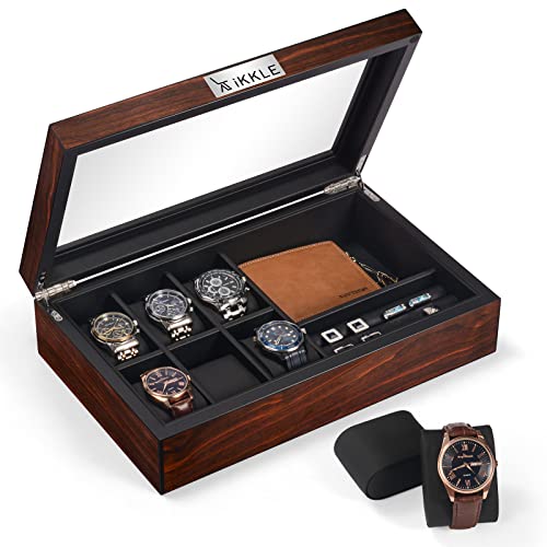 Wooden Watch Box for Men, Luxury Watch Jewelry Box, Retro Watch Display Case with 6 Slot Watch, Real Glass Top, Watch Storage Box Organizer for Jewelry, Sunglasses, Cufflinks, Rings, brooch and Jewelry
