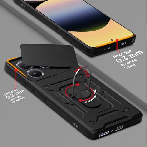 Image of Pikkme Back Cover for Redmi Note 14 5G | D10 Tough Armor | 360 Protection Case | Sliding Camera Shield Cover & Ring Holder Stand Bumper Case (Black)