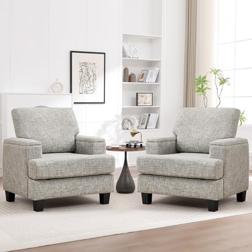 Image of Accent Chairs Set of 2 with Armrest Storage, Fabric Upholstered Reading Living Room Chairs, Modern Comfy Large Armchairs, Sofa Chair for Bedroom (Light Grey)