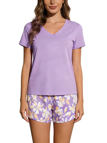 Image of VENTELAN Pajama Set For Women Cute PJS Summer Short Sleeve Shorts Sleepwear