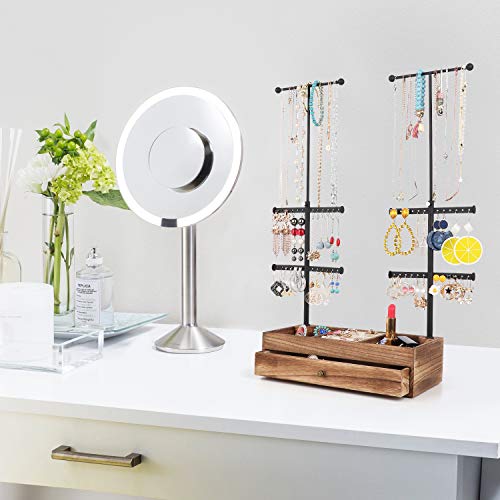 Miratino Jewelry Organizer Stand Double Rods & 6 Tiers Jewelry Holder Box With Rustic Wood Drawer Storage Base For Necklaces Bracelets Earrings Rings Display Carbonized Black #TOP5