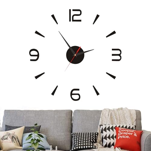 3D DIY Wall Clock, Frameless Wall Clock Modern 3D Mirror Sticker Kit Living Room Wall Decor European Style Black Wall Decor Clock Silent Wall Clock for Home Bedroom Office Wall Decorations