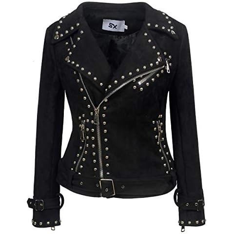 Fashion SX Womens Gothic Faux Suede Leather Jacket Long Sleeve Zipper Short Moto Biker Coat （graphite-M） Cover