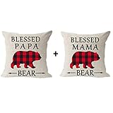 Set of 2 Classic Black and Red Plaid Buffalo Check Animal Bear Blessed Papa Mama Bear Arrow Blessing Cotton Linen Square Throw Waist Pillow Case Decorative Cushion Cover Pillowcase Sofa 18'x 18'
