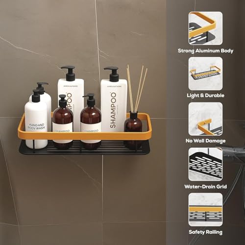 Image of amazon basics 2 Pack Self Adhesive Bathroom Shelf for Wall, Bathroom Organiser Without Drill, Kitchen Sink Organiser, Rust Resistant Wall Mounted Bathroom Rack for Shampoo, Soap & Toiletries, Black