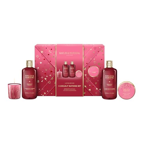 Baylis & Harding Midnight Cherry Gift Wrapped Candlelit Bathing Gift Set (Pack of 1) - Vegan Friendly