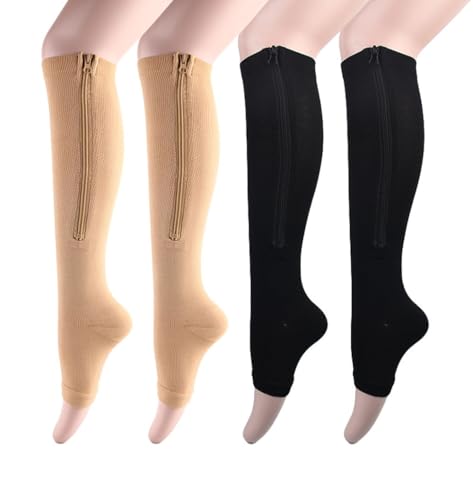 2 Pair Open Toe Compression Socks Zipper Toeless Compression Socks Calf Pressure Sock Zipper Support Compression Stockings Toeless Supports Sock Graduated Stocking Flight Running Socks for Women Men