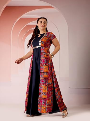 Image of Miss Chase A+ Women's Keyhole-Neck Regular Sleeve Bohemian Panelled Viscose-Rayon Regular-Length Jumpsuit