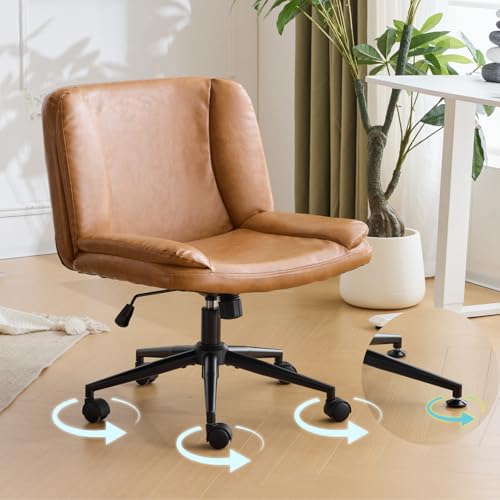 VINGLI Criss Cross Thick Padded Armless Comfy Desk Chair with Dual-Purpose Base,Adjustable Swivel Modern Vanity Chair,Rolling for Home Office, Computer,Task,Makeup,Waxed PU,Brown