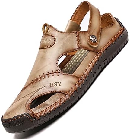 Classic Summer Men's Sandals Genuine Leather Soft Breathable Shoes Designer Beach Roman Brand Sandals Leather Men Sandals Slides (Khaki,8)