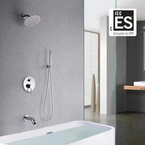 Image of sumerain Rain Shower System with Tub Spout, Tub Shower Faucet Set with 8 inches Shower Head and Hand Shower, Valve Included Chrome