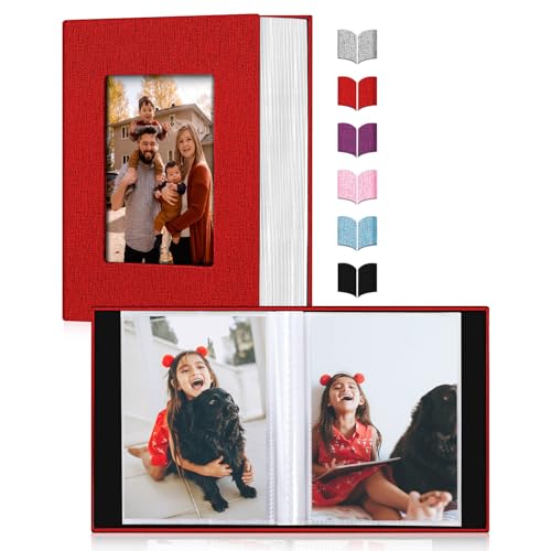 Image of Small Photo Album 4x6,Linen Cover Slide-in Mini Photo Album Book Can Holds 100 4x6 Photos with 50 Black Sheets for Baby Family Pictures Artwork or Postcards Storage (Red)