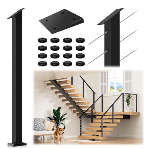 36" Black Cable Railing Stair Post with Slant Fixed Top, Stainless Steel T304 Staircase Wire Rail Post, 33° Drilled Stair Deck Post with 5-Degree Rubber Spacers Fit for 28-38 Degrees Stairway