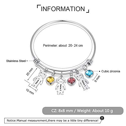 Personalized Bangle Bracelet With Charms Custom Names Mother Daughter Jewelry With Simulated Birthstone Family Presents (3 Pendants+ 3 Stones) #TOP2