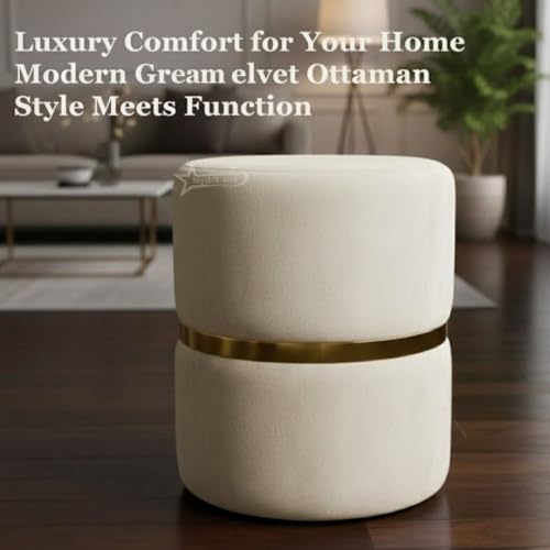 Image of Round Single Strip Upholstered Stool Living Room Foot Rest Linen Fabric Padded Seat Pouf Ottoman Office Stool Cream