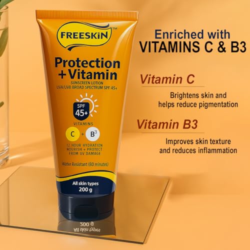 Image of Free Skin Protection + Vitamin Sunscreen Lotion SPF 45+ | Broad Spectrum UVA /UVB | Enriched with Vitamin C & B3 | 12 Hrs Hydration | Nourishes & Protects from UV Damage | All Skin Types | 200g