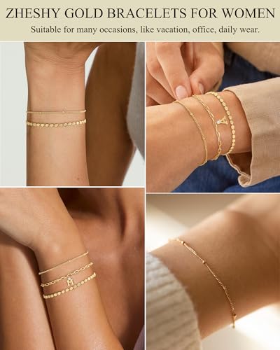 ZHESHY Gold Initial Bracelets for Women Dainty Letter E Charm Bracelets Non Tarnish 14K Gold Plated Stackable Layered Paperclip Link Chain Bracelets Stack Set Personalized Gifts Womens Jewelry - Image 4