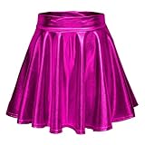 EXCHIC Mujeres Cosplay Metálica Brillante Líquida Acampanada Mini Falda(L, Rosa roja)