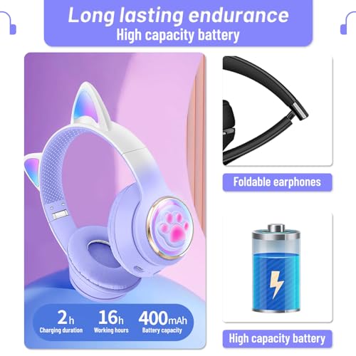 Image of Cat Ear Bluetooth Kids Headphones, LED Lights, Safe Volume, Foldable | Safe 85dB volume limit, Bluetooth 5.0, LED cat ears, built-in mic, TF card slot, foldable & adjustable for ages 3-12