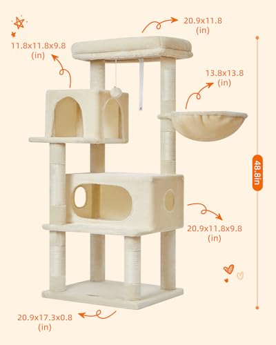 Image of Taoqimiao Cat Tree, 49In Cat Tower for Indoor Cats Large Adult | 2 Luxurious Cat Condos, Thick Padded Top Perch, Adjustable Hanging Baskets, 5 Scratching Sisal Posts, Beige MS029LM