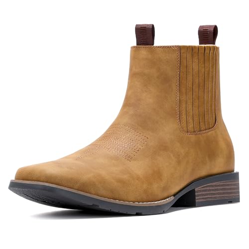 IUV Cowboy Boots For Men Square Toe Ankle Boots Western Chelsea Boot Casual Dress Slip On Men Shoes