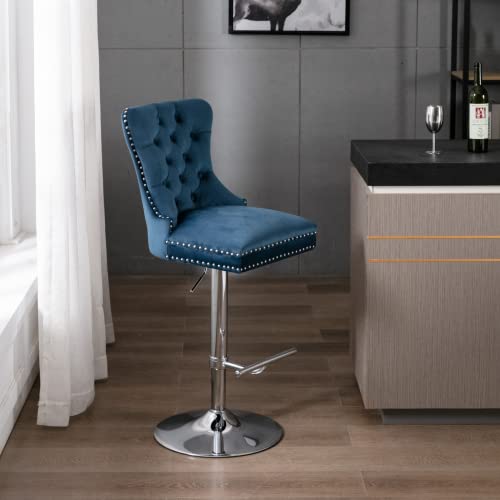 HEAH-YO Modern Counter Bar Stools Set of 2 with Back Pull Ring, Swivel Counter Height Chair with Button Tufted Back and Chrome Finish Upholstered Velvet Adjustable Barstools for Kitchen Island,Blue