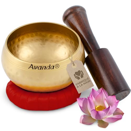 Bol chantant tibétain 10 cm avec coussin jaune et rouge, idée cadeau bien-être