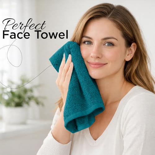 Image of DAN RIVER 12-Pack Premium 100% Cotton Teal Face Towels for Bathroom - Reusable Face Wash Cloths for Showering 12x12 Inches - 550 GSM Super Soft & Absorbent Luxury WashCloths for Body, Spa & Gym