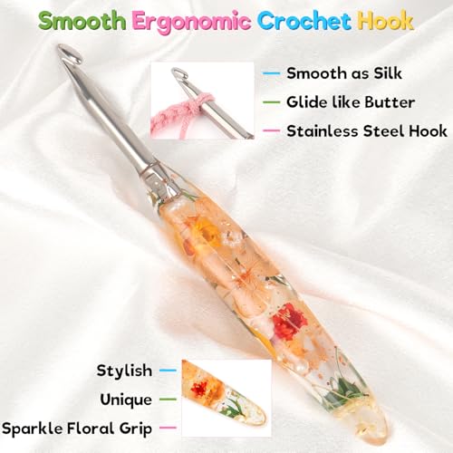Image of Katech 6.0mm Crochet Hook for Arthritic Hands,Hand-Polished Stainless Steel | Ergonomic Crochet Hooks with Customized Sparkle Dried Floral Grip, Smooth Tapered Hook-Crochet Gift for Beginner & Crocheter