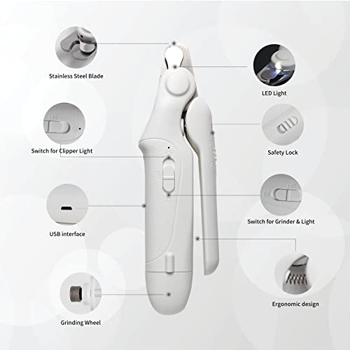 Dog Nail Grinder, Upgraded 2 In 1 Pet Trimmers With Led Light, Usb Rechargeable Clipper Professional Painless Paws Grooming, Quiet For Large Dogs, Medium & Small, White #TOP5