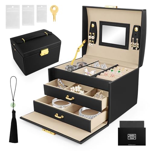 QOUBNIC Joyeros Mujer Organizador, Caja Joyero de Viaje Caja Joyero de 3 Niveles, Caja de Joyas Pequeña con Espejo Caja para Joyas con Asa para Anillos, Pendientes, Collares