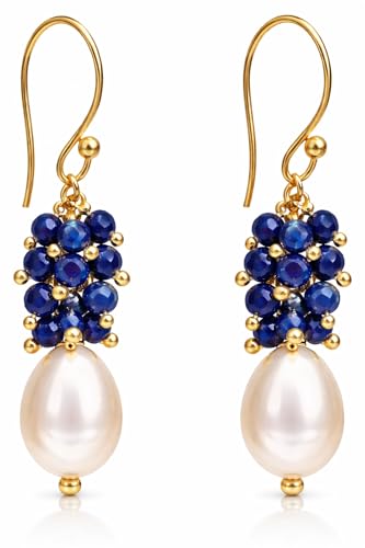 Image of Gempires Fresh Pearl Drop Earrings for Women | 14K Gold Plated Pearl & Gemstone Bead Dangle Earrings | Hypoallergenic French Hook Earrings | Available in Many More options (Lapis Lazuli)