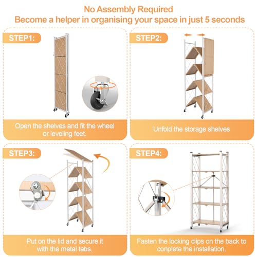 Yuanjimi 5-Tier Foldable Storage Shelves with Wheels, Folding Metal Shelf Unit, Folding Bookshelf no Assembly, Collapsible Shelves for Craft Shows for Kitchen, Bedroom, Living Room, Natural by Yuanjimi - Image 9