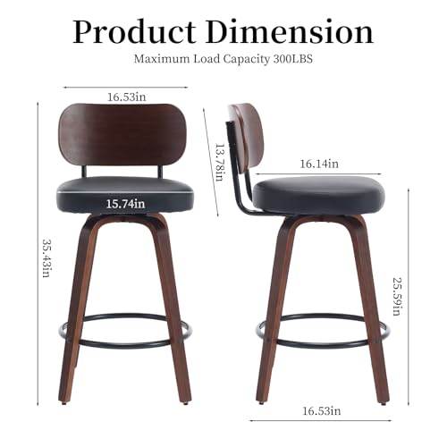 Image of Shenyon Counter Stools Set of 4, 26 inch Swivel Counter Height Bar Stools with Walnut Back,Upholstered PU Leather, Bentwood Legs, Mid Century Modern Bar Chairs for Kitchen Island, Black
