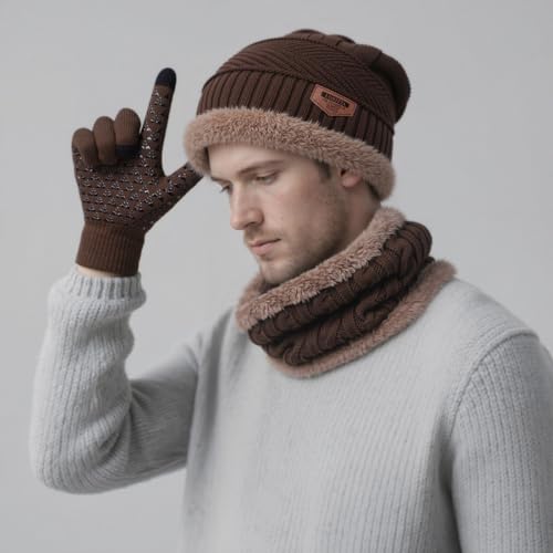 Image of Loritta Winter Hats for Men, 3 PCS Fleece Beanie Scarf Gloves Set