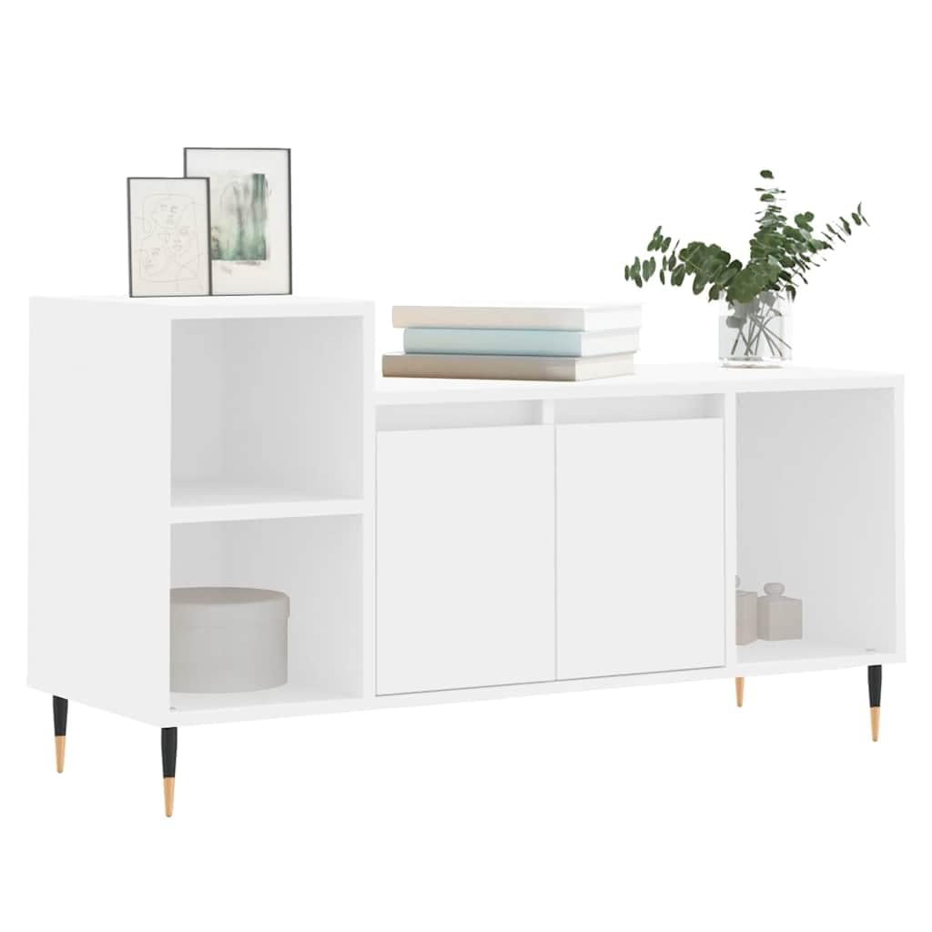 Szafka pod telewizor biała z materiału drewnopochodnego 100 x 35 x 55 cm z 5 półkami, miejscem do przechowywania i drzwiami, nowoczesna szafka pod telewizor do salonu, kina domowego i gier