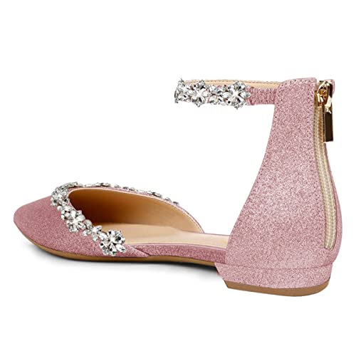 Image of XYD Women Classic Pointed Toe D'Orsay Wedding Flat Sandals Sparkly Rhinestones Ankle Strap Low Heel Dress Shoes with Zipper