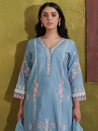 Image of INDO ERA Women's Silk Blend Floral Embroidered Straight Kurta & Pant with Dupatta Set (IEOUT11646)