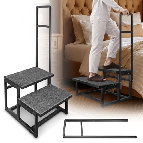 Euisiant 2-Step Stool with Handles for Elderly, Heavy Duty Stainless Steel Non-Slip Step Stool (Black, with Extra Handle)