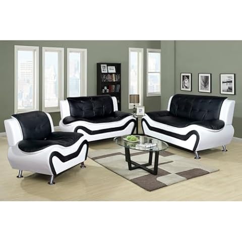 Maykoosh French Fabulous Furniture 3 Piece Genuine Leather Living Room Set,Living Room Furniture Modern Style Couch with Black&White - Sofa, Loveseat and Chair Cover
