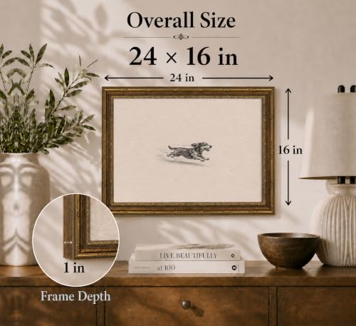 Image of Gold Framed 3D Textured Wall Art, Vintage Sketch Running Dog Canvas Prints, Minimalist Zoomies Flight Dog Pictures Decor, Neutral Funny Animal Gallery Artwork for Living Room Bedroom Nursery 24x16 in