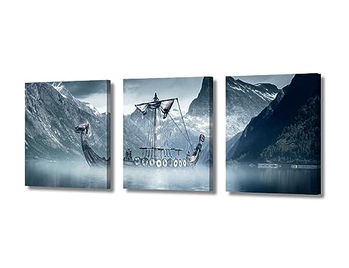 Piratenschiff-Bilder, Wandkunst, Berg, Meereslandschaft, Gemälde, Wikinger, Kunstdrucke, 3-teilig, Leinwand, Wandkunst, nordisches Hausdekor für Wohnzimmer, gerahmt, fertig zum Aufhängen, 91,4 cm B x