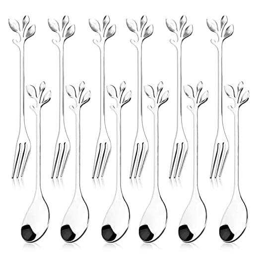 12pcs Stainless Steel Gold Leaf Coffee Spoon and Cake Fruit Forks Kitchen Accessory Wedding Party for Dessert, Salad, Appetizer, Spoon and Fork Set(6 Forks + 6 Spoons) (Silver)