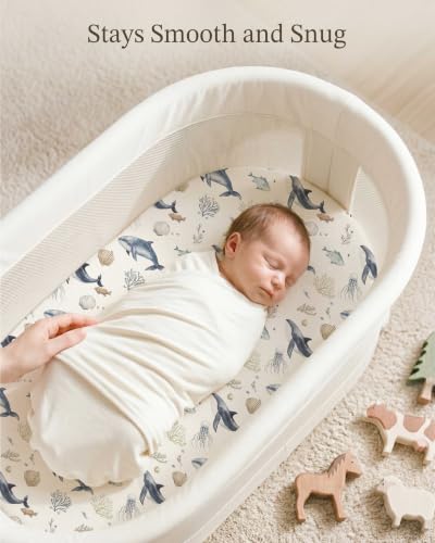 Image of Bassinet Sheets for Baby Girls Boys 2 Pack, Fitted Baby Mattress Sheet for Rectangle, Oval, Hourglass Bassinet Mattress, Breathable Cozy & Universal Fit (Aquatic Adventures, Bassinet Sheet)