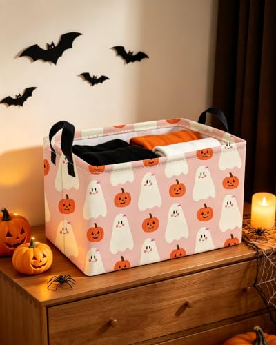 Image of Essme Rectangular Halloween Baskets,Ghost Storage Box,Cute Basket for Kids with Handles for Room Decor, Book Bins,Shelf Basket.(Cute Ghost)