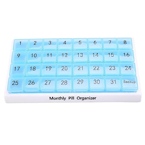 Pilulier mensuel 31 compartiments bleu pour l'organisation de 4 semaines