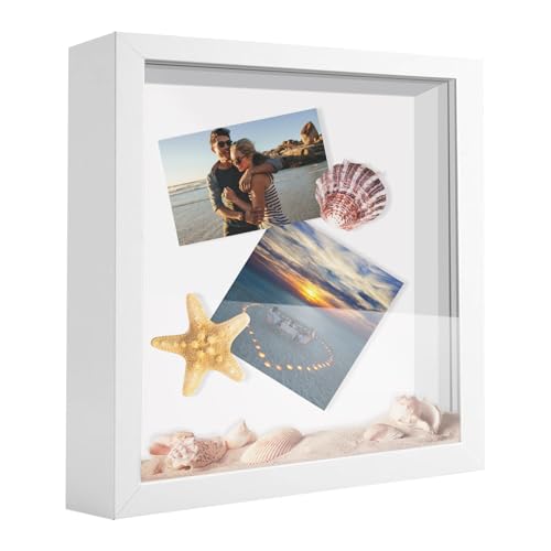 SUNMEG 10x10 Shadow Box Frame Display Case, Display Case Box for Memorabilia, Medal, Crafts,Tickets and Photos, Picture Frame for Wall and Tabletop (White, 10x10)